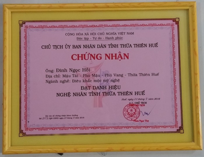 Chứng nhận nghệ nhân Huế ông Đinh Ngọc Hồi